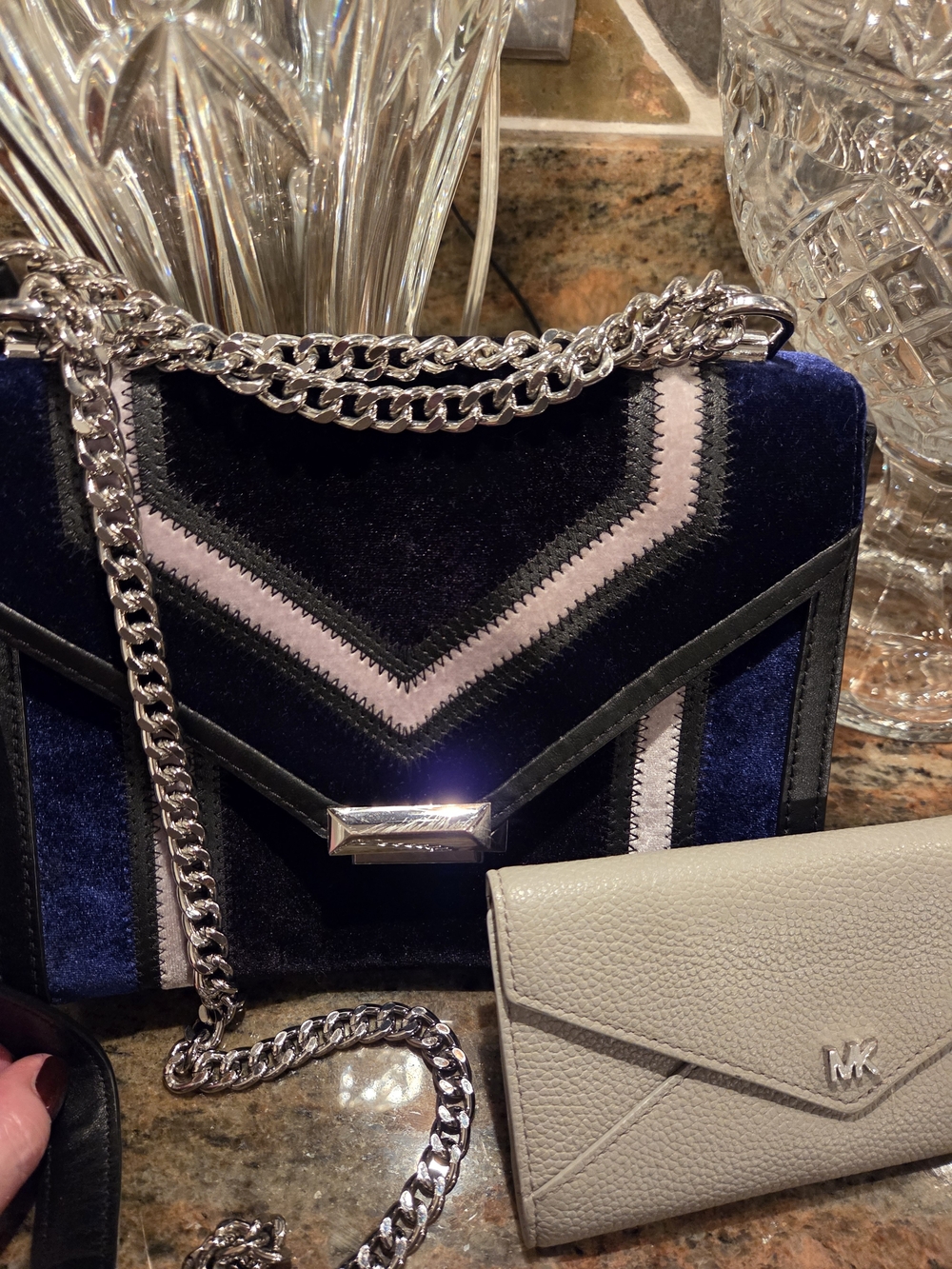Michael Kors Velvet Chevron Chain Shoulder Bag - Navy & Grey With Wallett